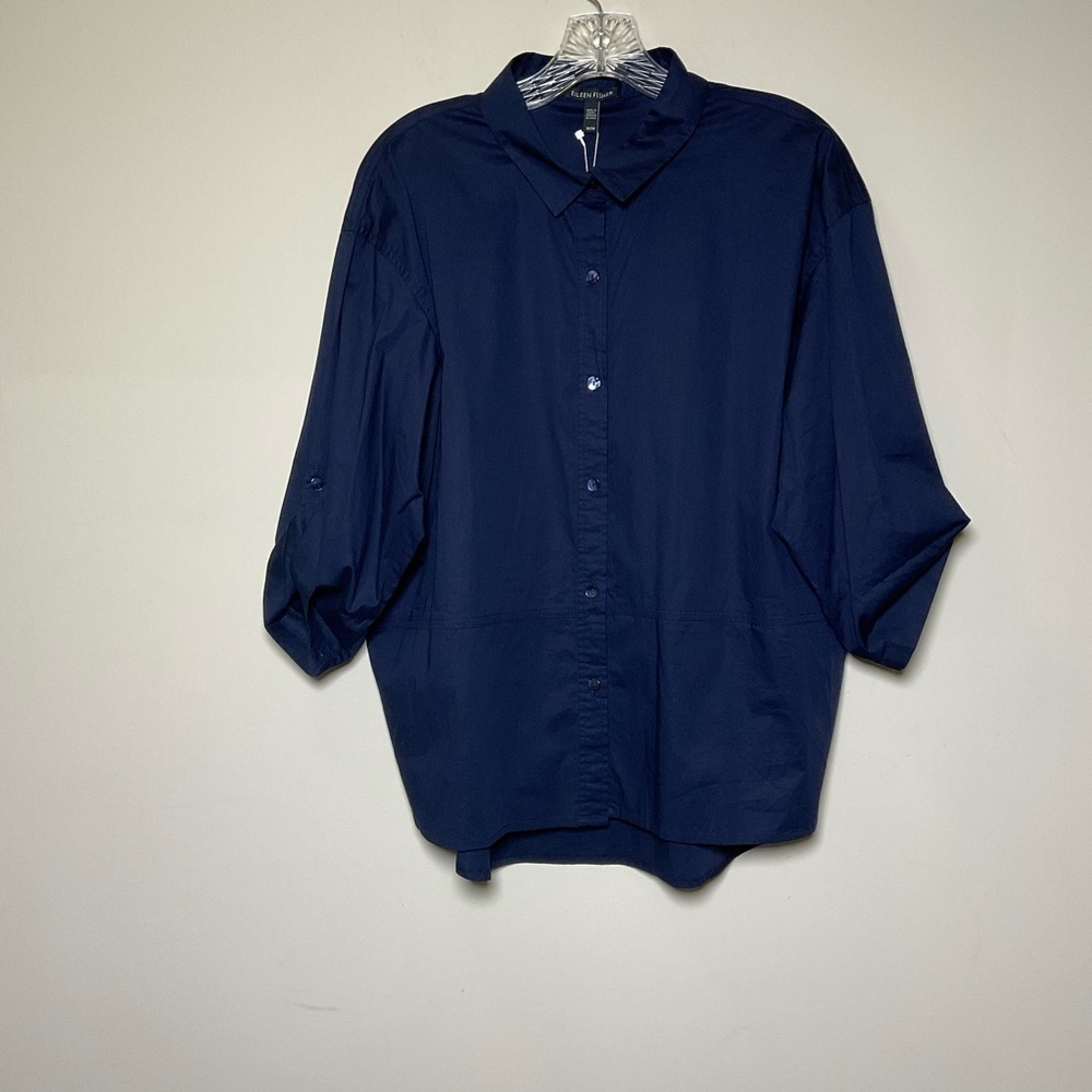 Eileen Fisher Organic Cotton Blue Button Up Roll Tab Sleeve Blouse Size M